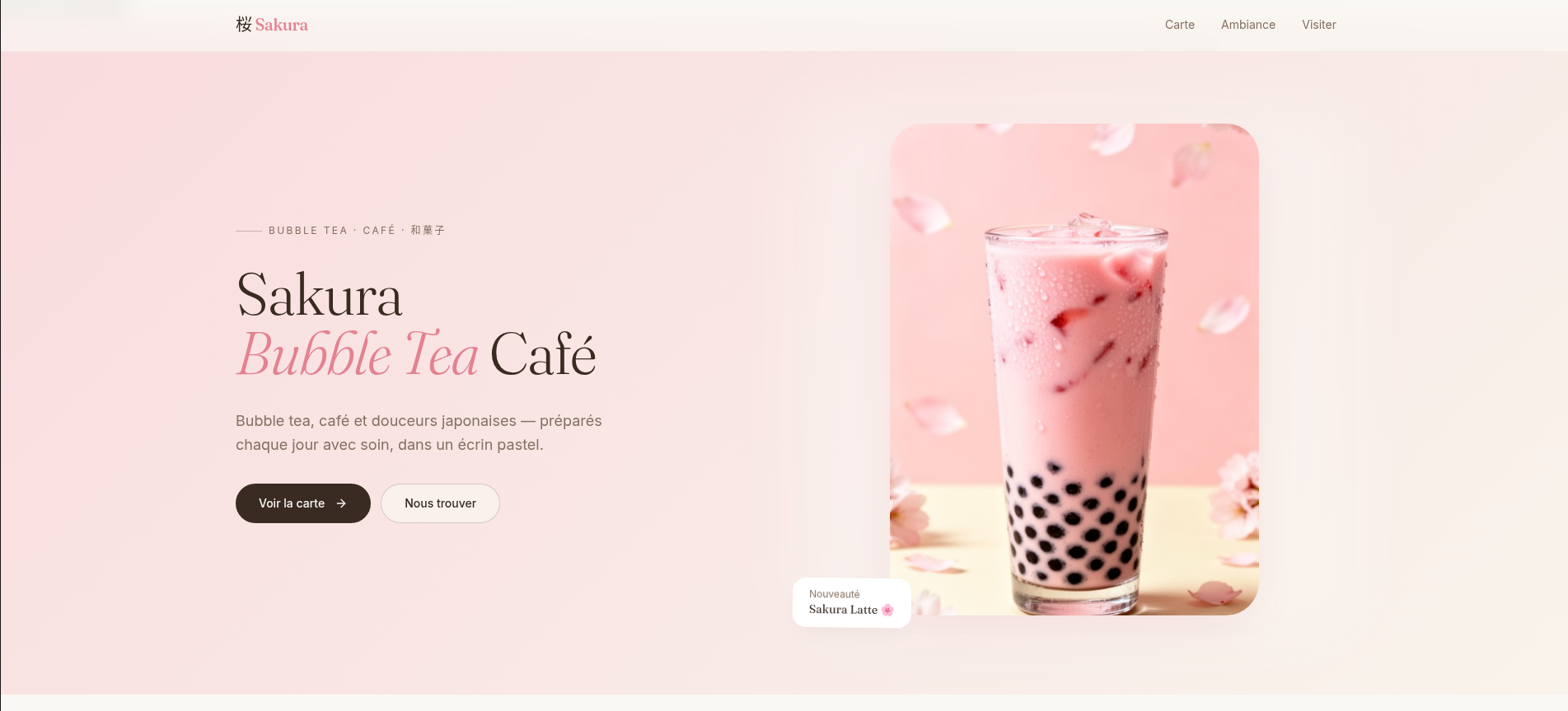 Maquette de site vitrine pour salon de bubble tea — page d'accueil avec identité visuelle et concept