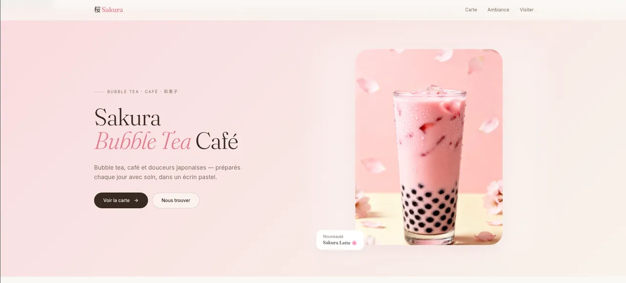 Maquette de site vitrine pour salon de bubble tea — page d'accueil avec identité visuelle et concept