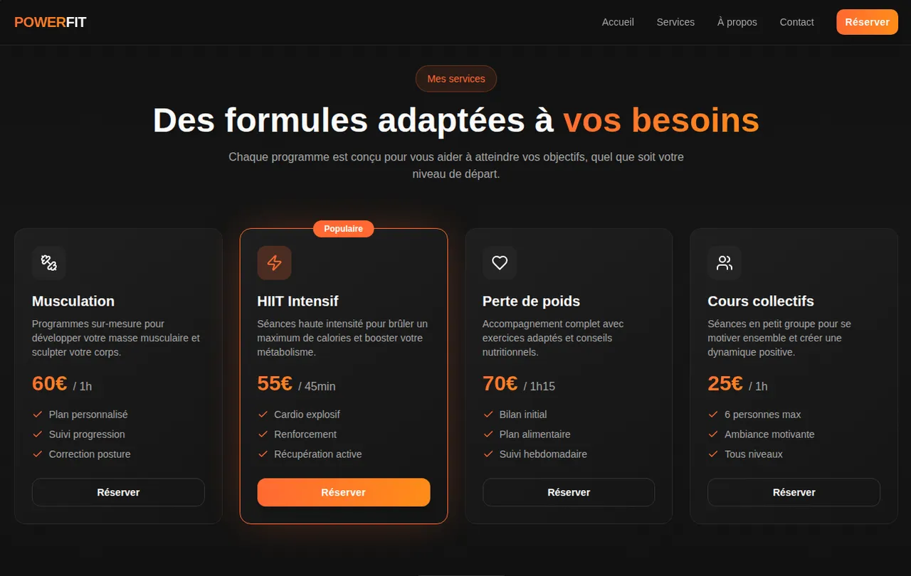 Maquette de site vitrine pour coach sportif — offres, accompagnement et contact