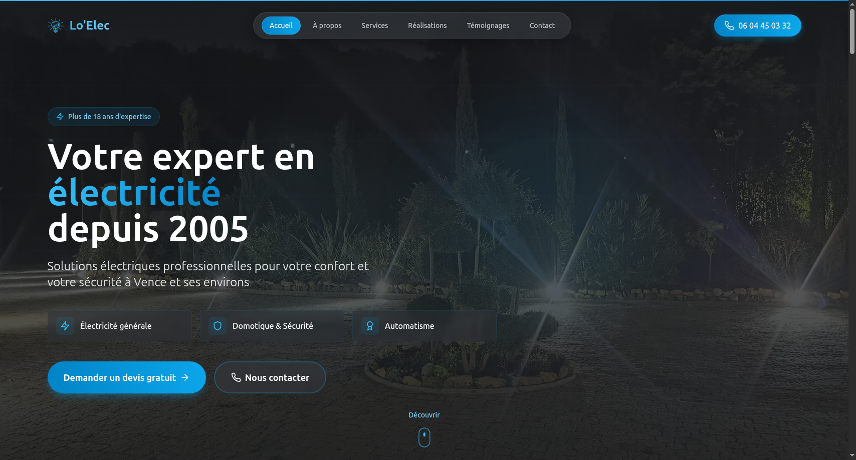 Maquette de site vitrine pour électricien — page d'accueil avec services et appel à l'action
