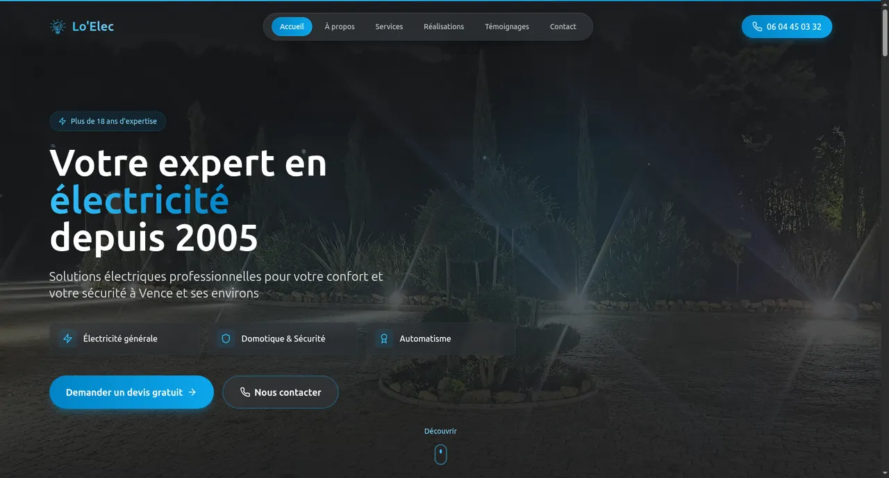 Maquette de site vitrine pour électricien — page d'accueil avec services et appel à l'action