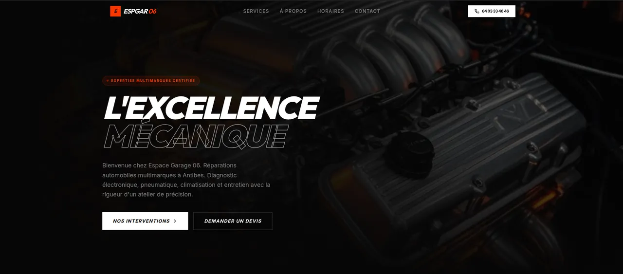 Maquette de site vitrine pour garage automobile — page services et informations pratiques